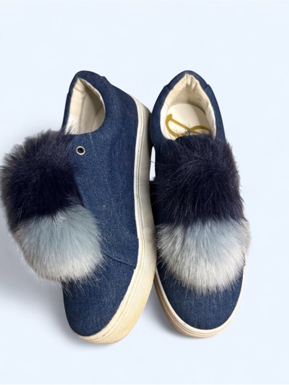 Sam Edelman Navy Denim Slip-On Leya Sneakers with Gray & Black Faux Fur Pom Poms